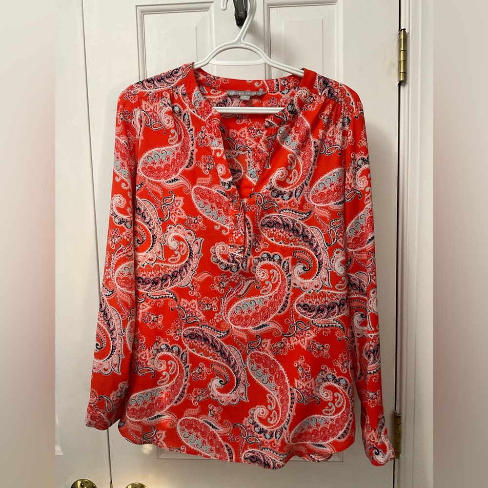 Valerie Stevens Vibrant Coral Paisley Blouse Roll Tab Sleeve Top Size M